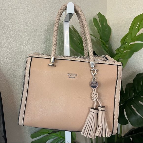 👜 GUESS Los Angeles Nude Tote with Braided Handles & Tassel Charm - Picture 1 of 11